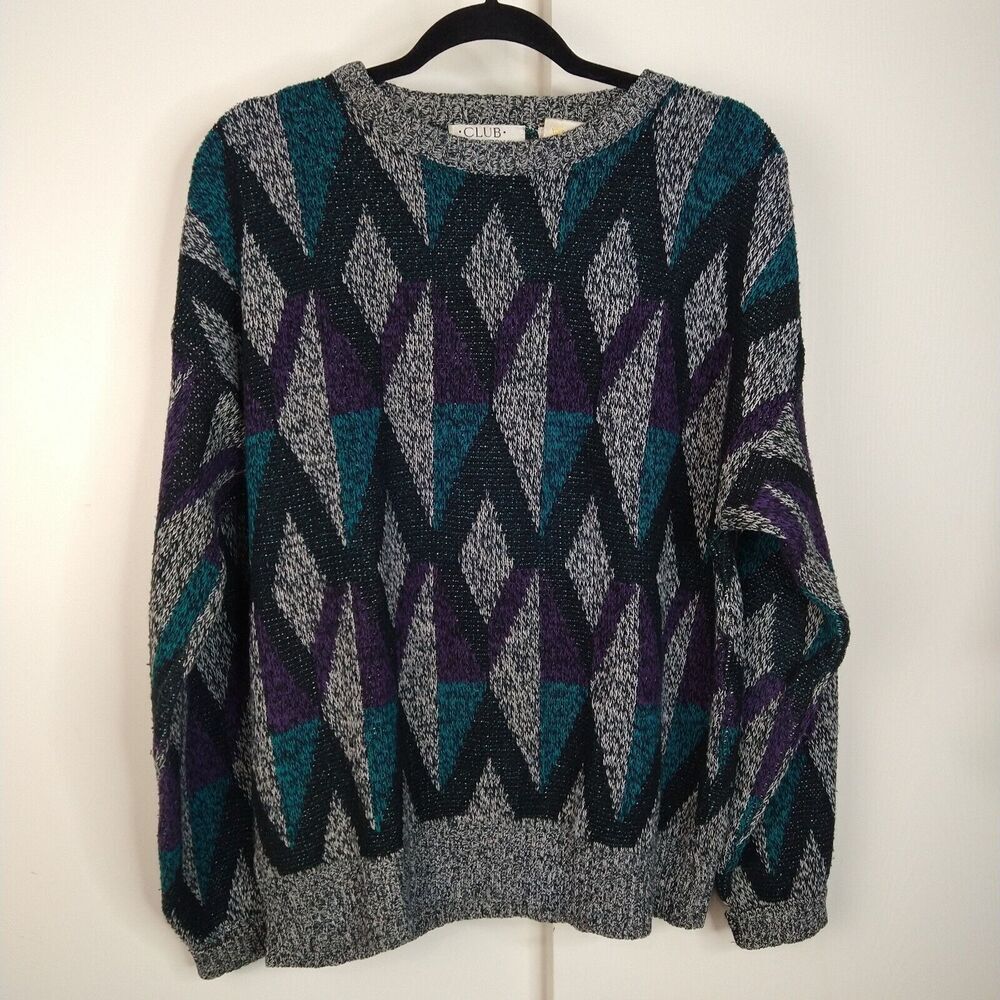 Club International Vintage Crew Neck Sweater Mens Size M Blue Purple Grandpa Dad